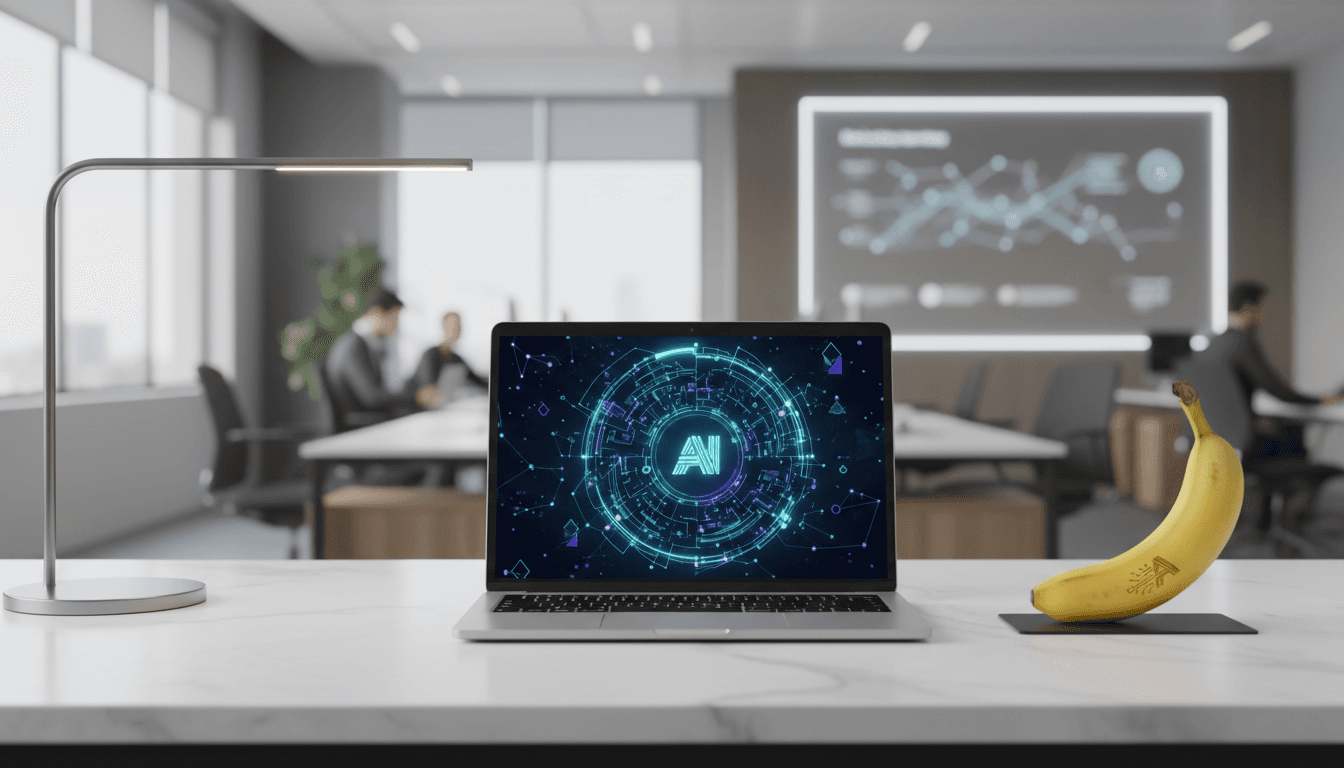 Modern office desk with a laptop displaying AI graphics and a banana nearby