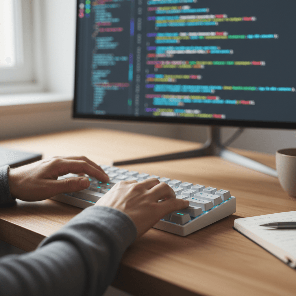 Hands typing on a laptop with code on screen