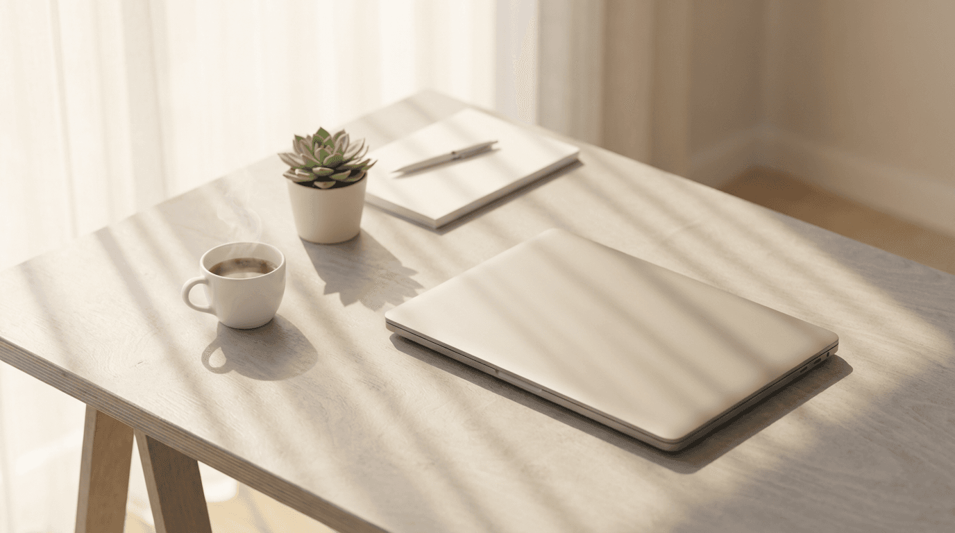 Laptop displaying abstract AI interface on a clean desk